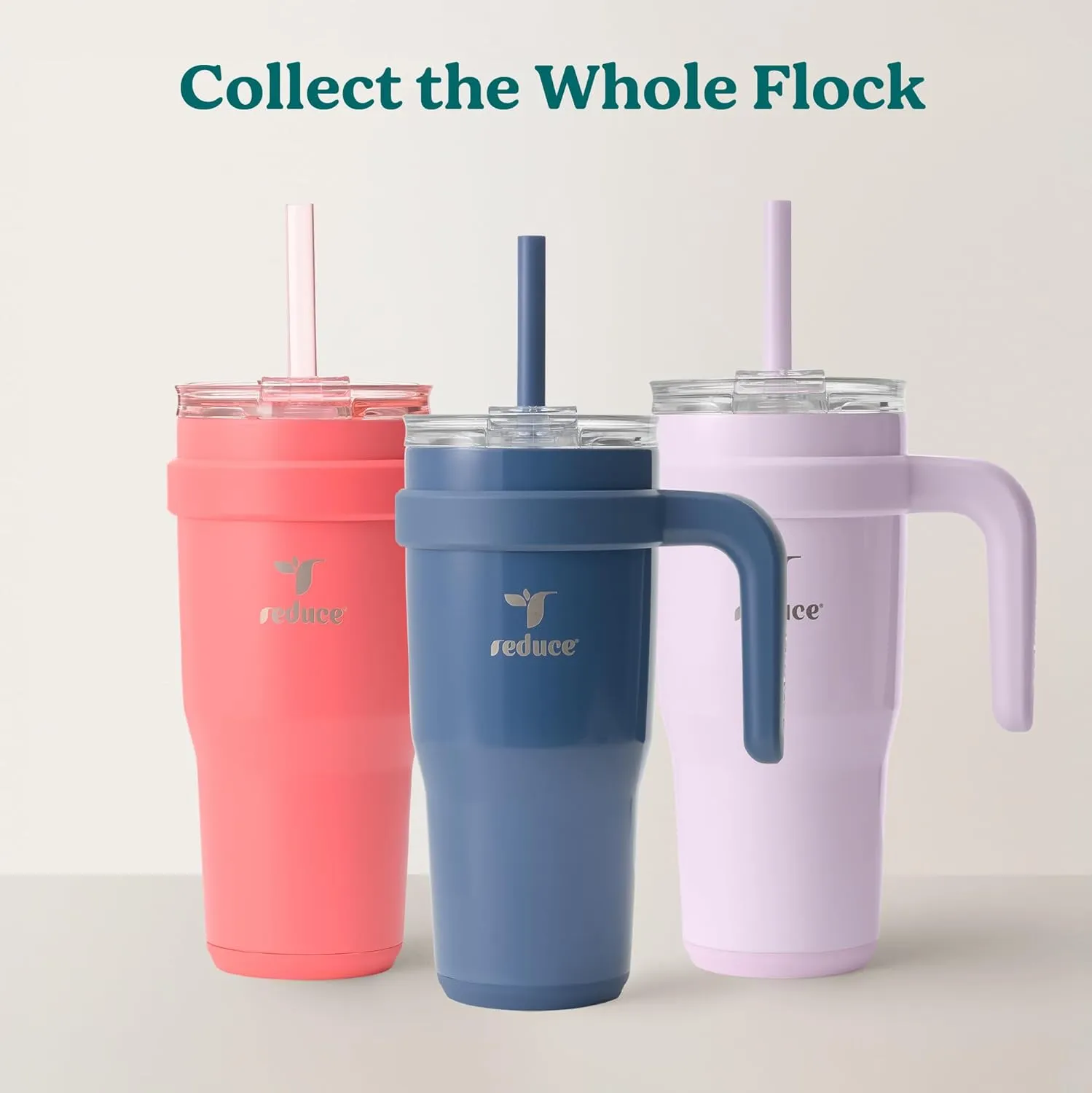 REDUCE 24 oz Stainless Steel Tumbler with Handle - Dual-Wall Vacuum Insulated Travel Mug, Sweat-Proof Lid & Reusable Straw - Keeps Drinks Cold for 24 Hrs, Fits Cupholders, Dishwasher Safe - Lilac Bud