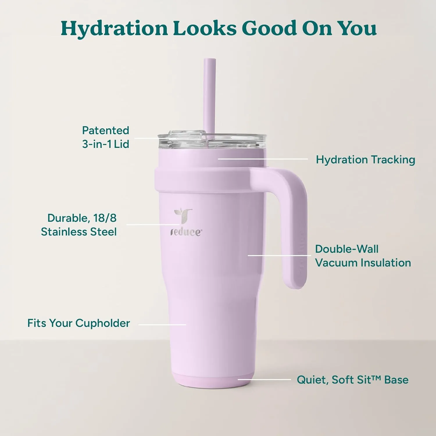 REDUCE 24 oz Stainless Steel Tumbler with Handle - Dual-Wall Vacuum Insulated Travel Mug, Sweat-Proof Lid & Reusable Straw - Keeps Drinks Cold for 24 Hrs, Fits Cupholders, Dishwasher Safe - Lilac Bud
