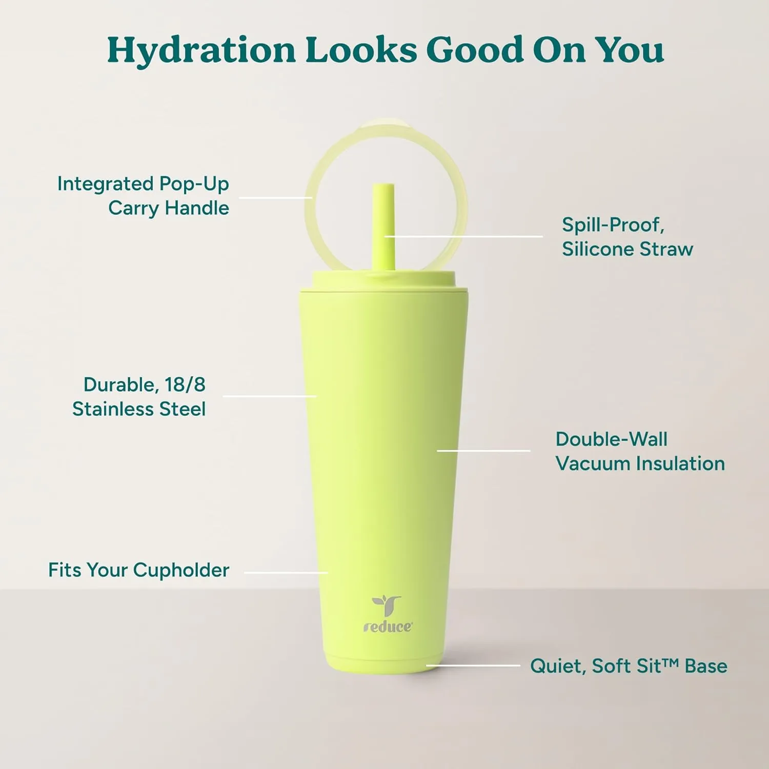 REDUCE Halo 32 oz Stainless Steel Vacuum Insulated Tumbler - Spill Proof Travel Mug with Flip Handle Lid - Keeps Drinks Cold for 32 Hrs - Dishwasher Safe - Cupholder Friendly - Mojito