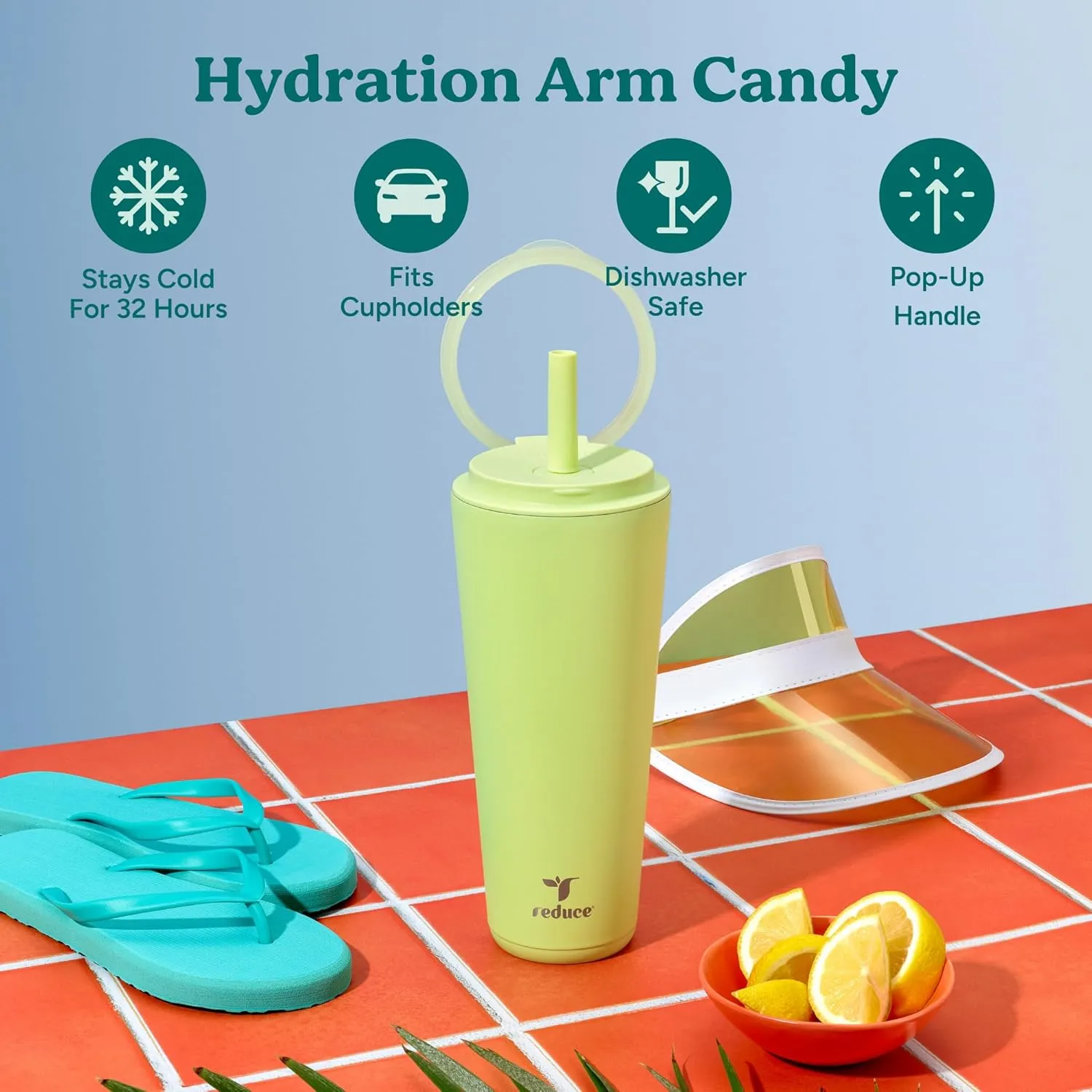 REDUCE Halo 32 oz Stainless Steel Vacuum Insulated Tumbler - Spill Proof Travel Mug with Flip Handle Lid - Keeps Drinks Cold for 32 Hrs - Dishwasher Safe - Cupholder Friendly - Mojito