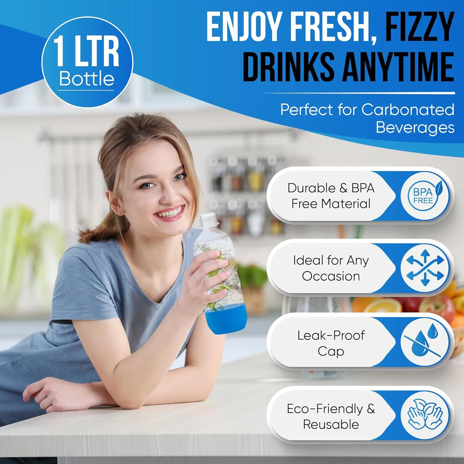Replacement Carbonating Sparkling Water Bottles for SodaStream - 1 Liter, BPA-Free & Leak-Proof (Compatible with Fizzi, One Touch, Jet, Source, Play, Genesis, Power Models) - 3-Pack (Blue)