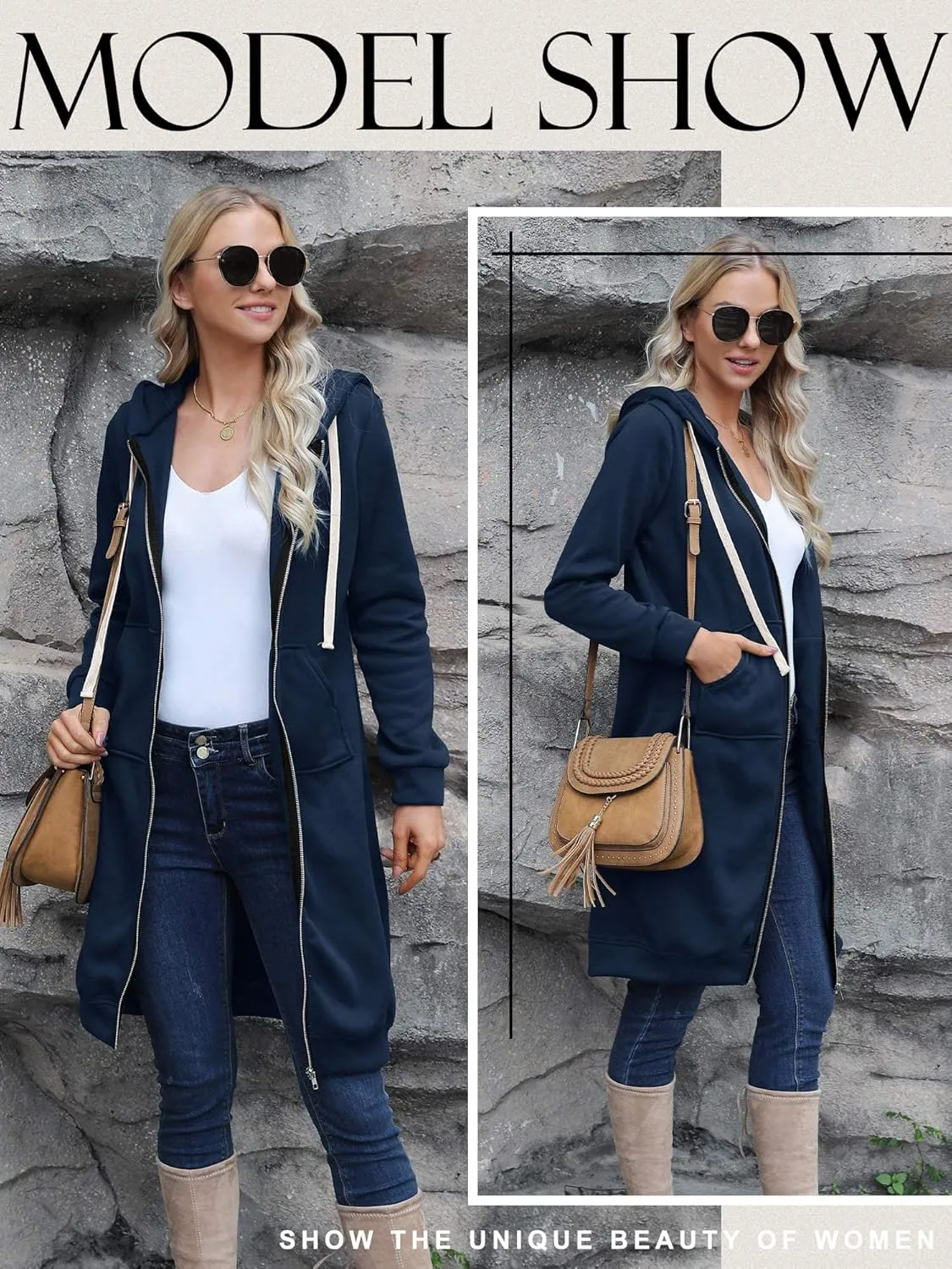 RMCMS Womens Casual Pockets Zip Up Hoodies Tunic Sweatshirt Long Hoodie Jacket Coat Hooded Outwear