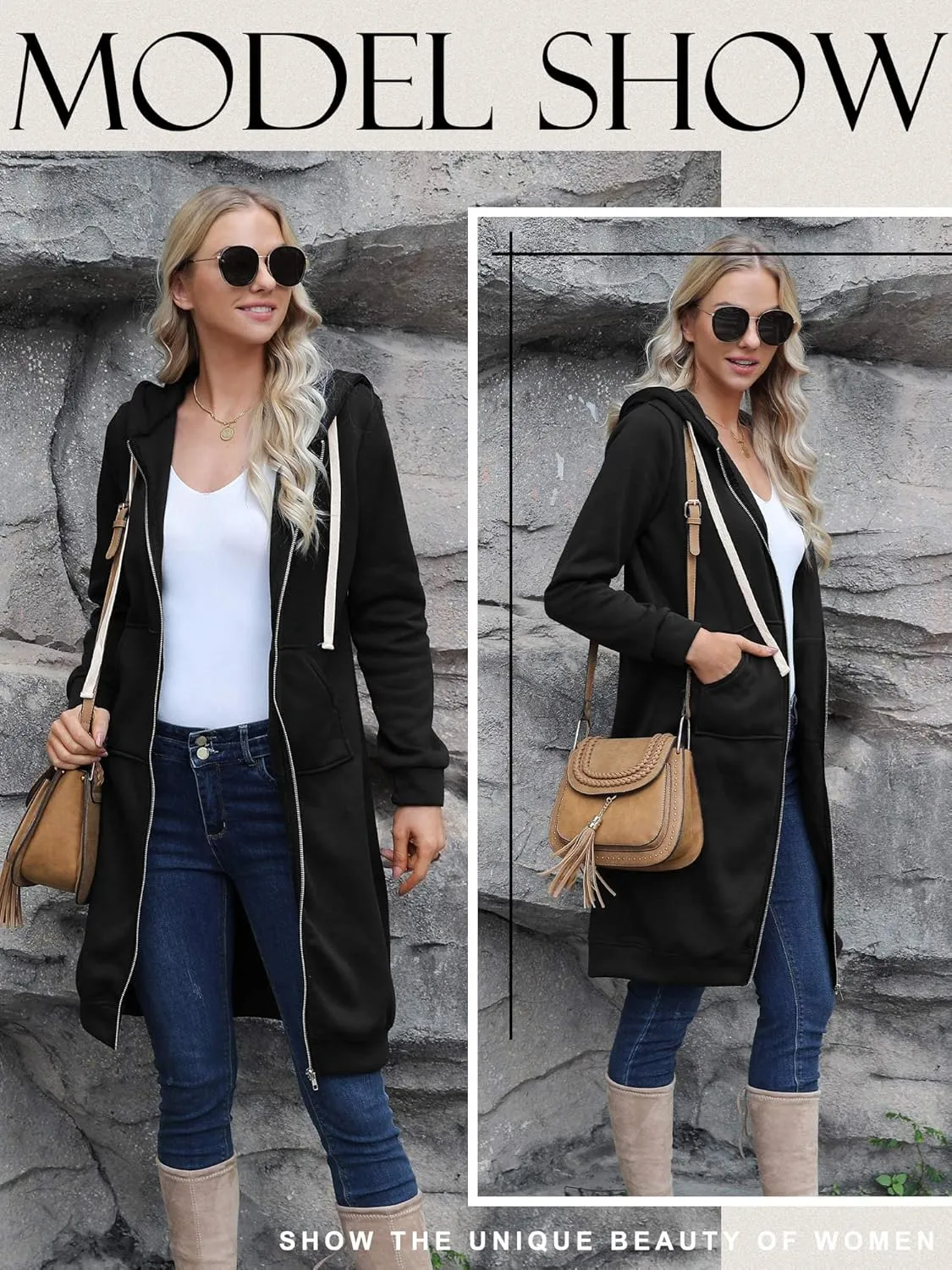 RMCMS Womens Casual Pockets Zip Up Hoodies Tunic Sweatshirt Long Hoodie Jacket Coat Hooded Outwear