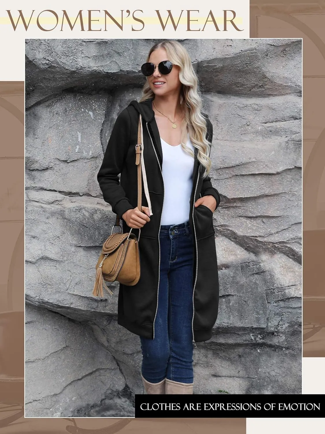 RMCMS Womens Casual Pockets Zip Up Hoodies Tunic Sweatshirt Long Hoodie Jacket Coat Hooded Outwear