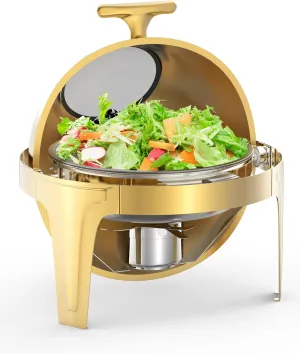 Roll Top Chafing Dish Buffet Set, 6.3 Qt Round Chafing Dish for Buffet, Stainless Steel Food Warmer Chafer with Glass Window Full Size Food Pan for Catering Parties Banquets, Gold