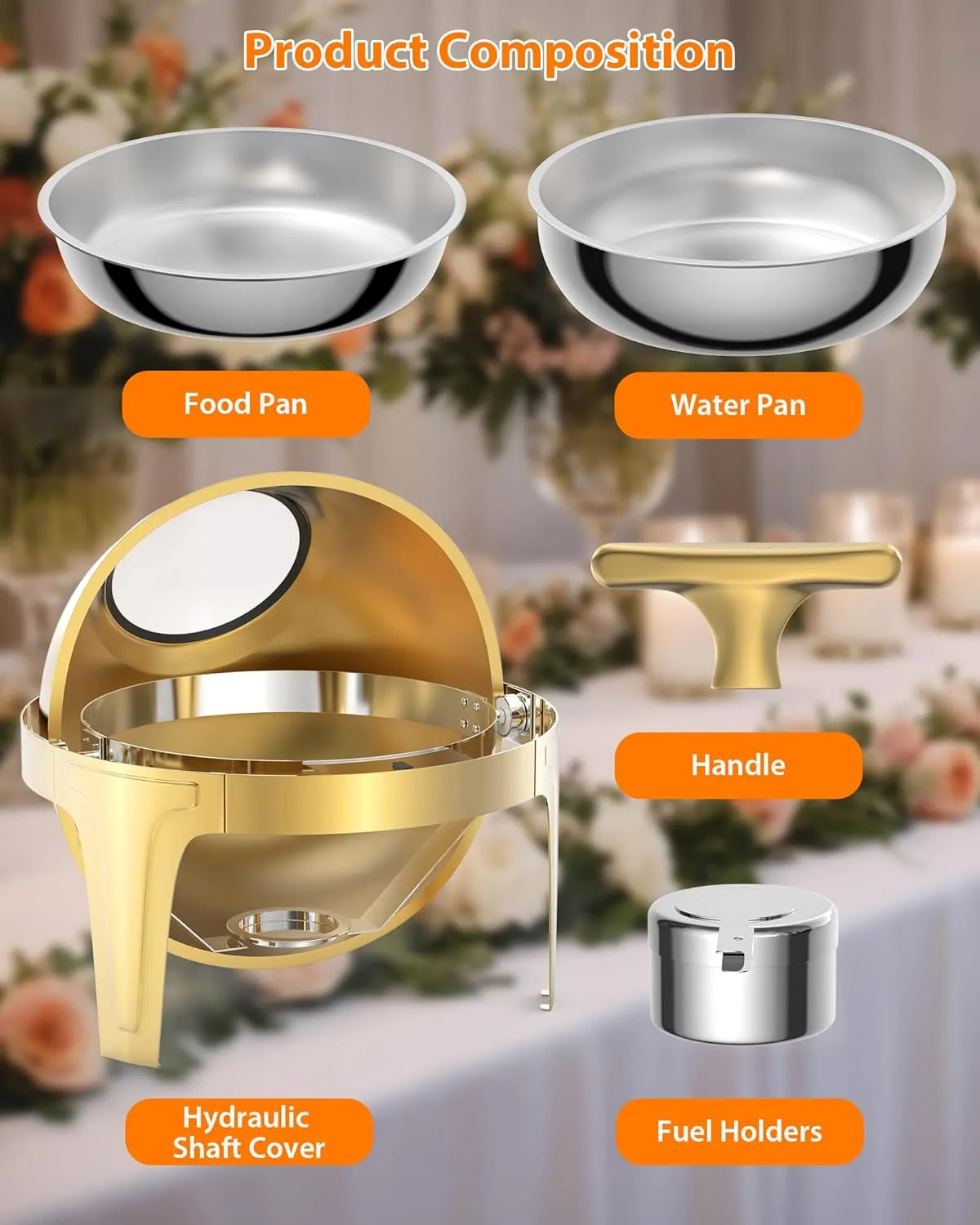 Roll Top Chafing Dish Buffet Set, 6.3 Qt Round Chafing Dish for Buffet, Stainless Steel Food Warmer Chafer with Glass Window Full Size Food Pan for Catering Parties Banquets, Gold