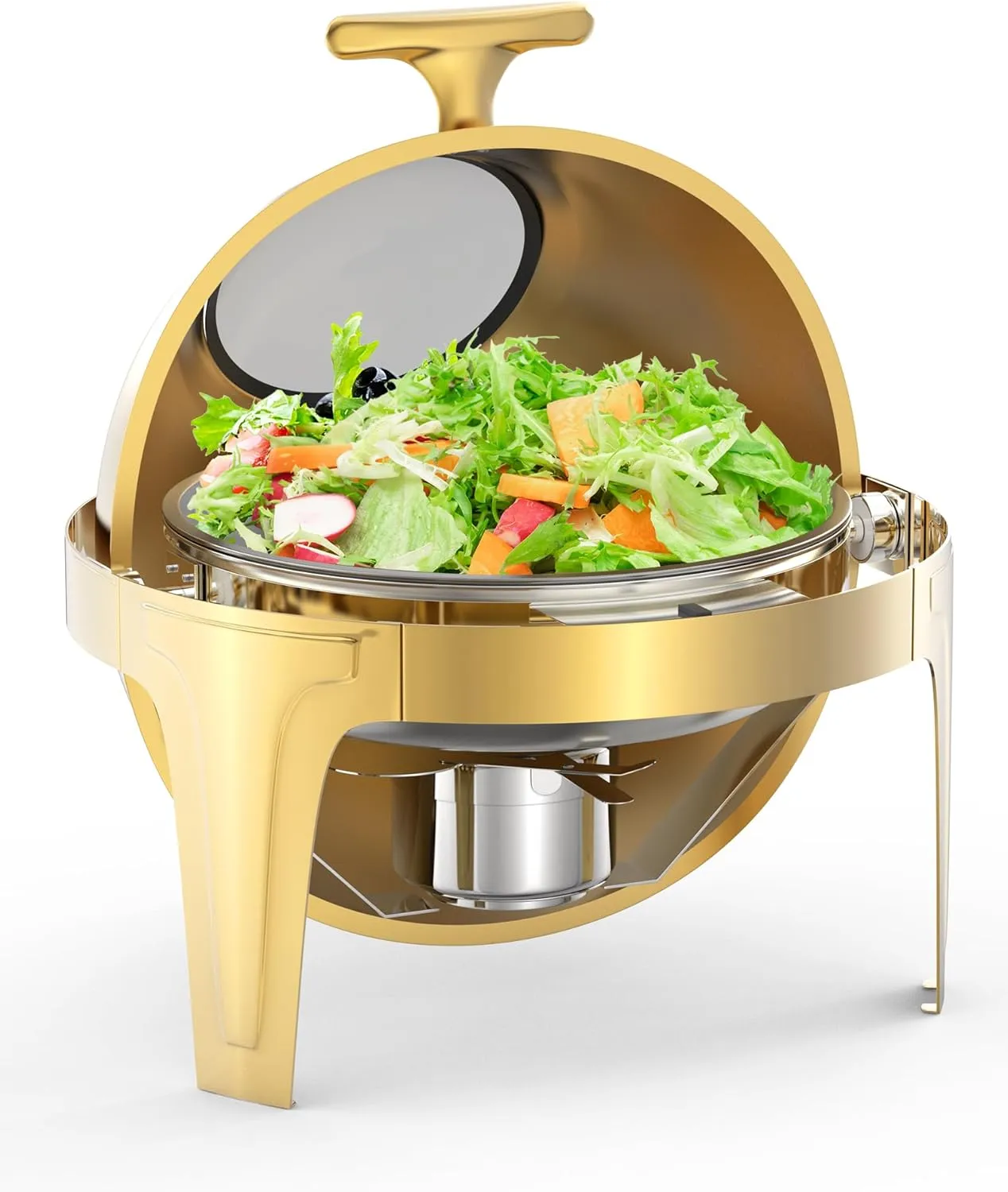 Roll Top Chafing Dish Buffet Set, 6.3 Qt Round Chafing Dish for Buffet, Stainless Steel Food Warmer Chafer with Glass Window Full Size Food Pan for Catering Parties Banquets, Gold