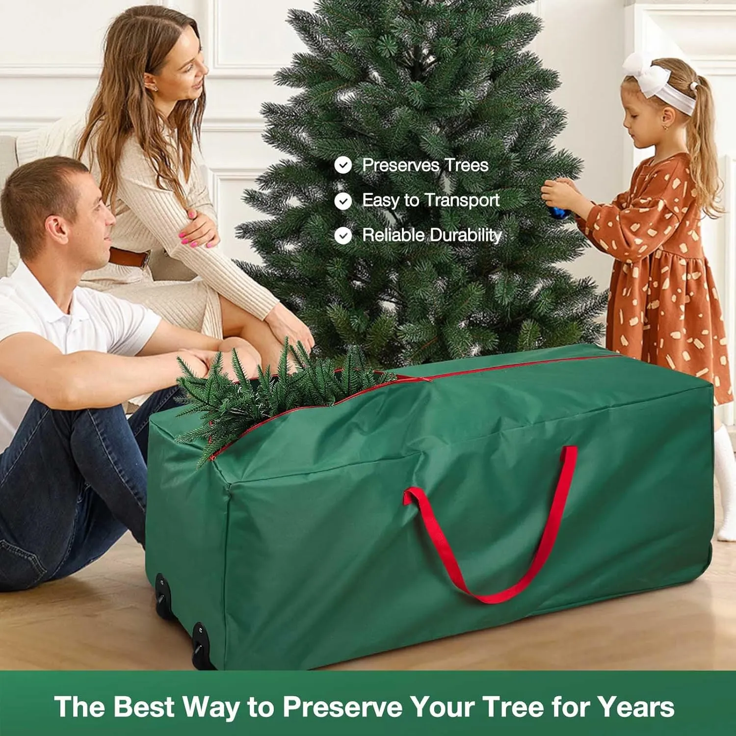 Rolling Christmas Tree Storage Bag - Storage for 7.5-Foot Christmas tree bag, Durable Handles and Wheels - Large Christmas Tree Box Heavy Duty Xmas Storage Container (Green, 7.5FT)
