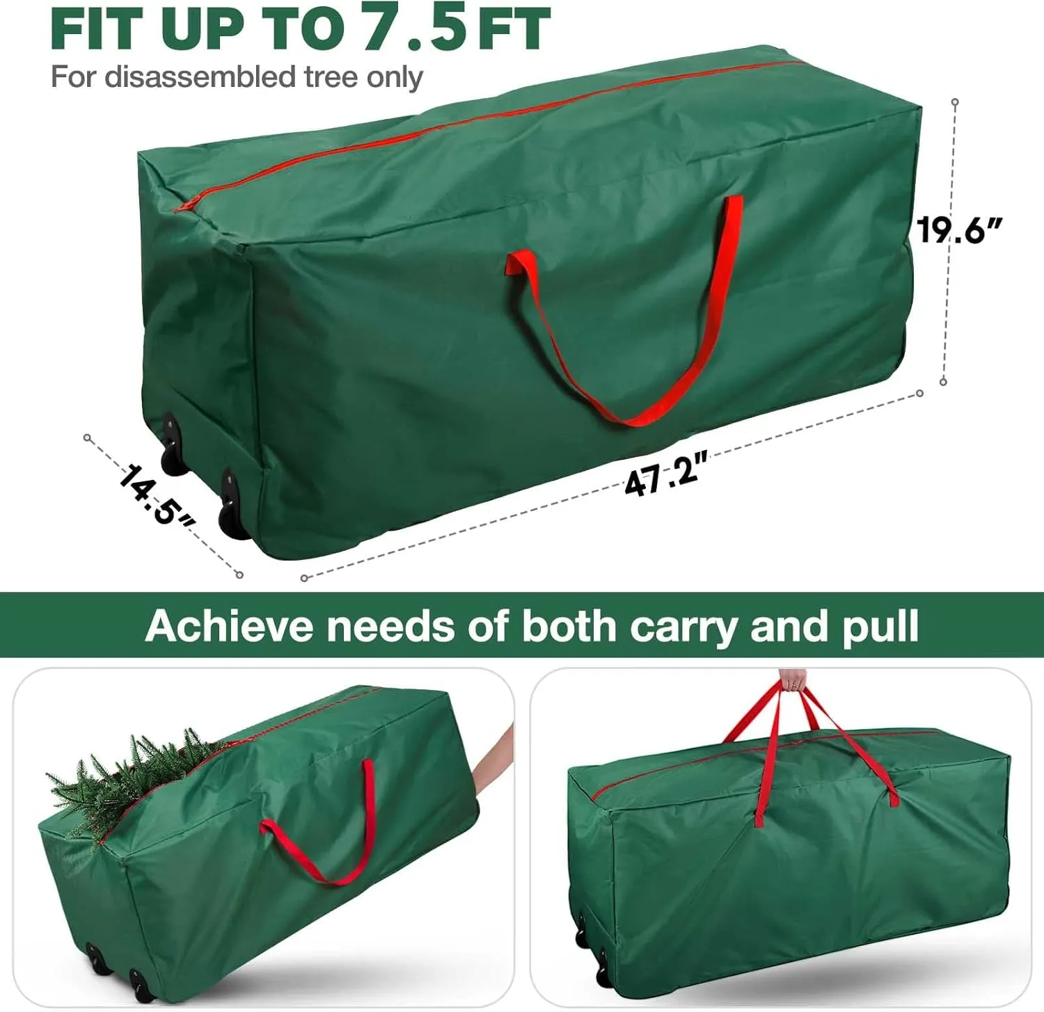 Rolling Christmas Tree Storage Bag - Storage for 7.5-Foot Christmas tree bag, Durable Handles and Wheels - Large Christmas Tree Box Heavy Duty Xmas Storage Container (Green, 7.5FT)