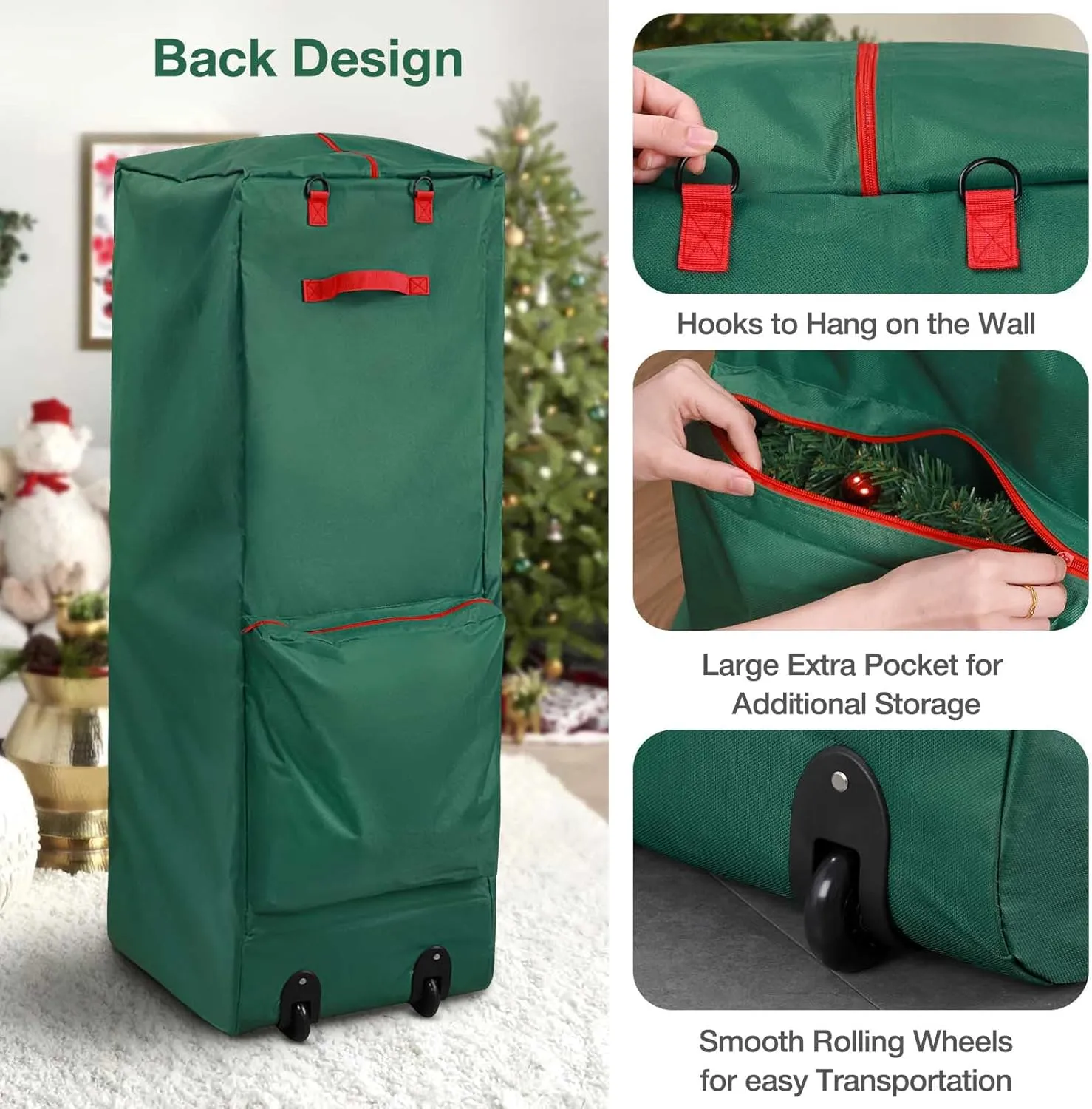 Rolling Christmas Tree Storage Bag - Storage for 7.5-Foot Christmas tree bag, Durable Handles and Wheels - Large Christmas Tree Box Heavy Duty Xmas Storage Container (Green, 7.5FT)
