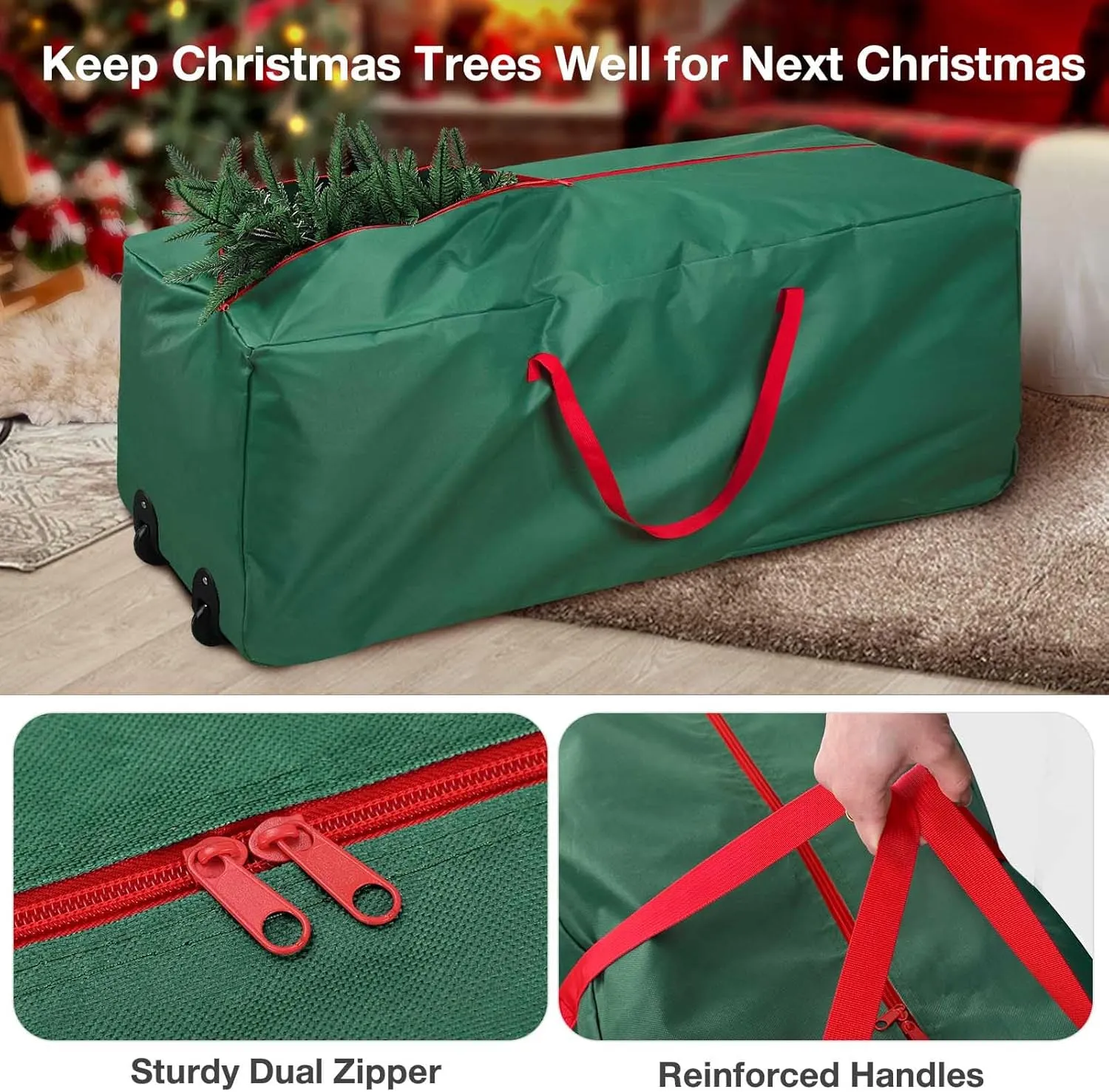 Rolling Christmas Tree Storage Bag - Storage for 7.5-Foot Christmas tree bag, Durable Handles and Wheels - Large Christmas Tree Box Heavy Duty Xmas Storage Container (Green, 7.5FT)