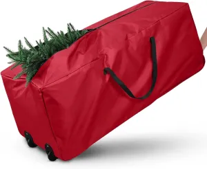 Rolling Christmas Tree Storage Bag - Storage for 9-Foot Christmas tree bag, Durable Handles and Wheels - Large Christmas Tree Box Heavy Duty Xmas Storage Container (Red, 9FT)