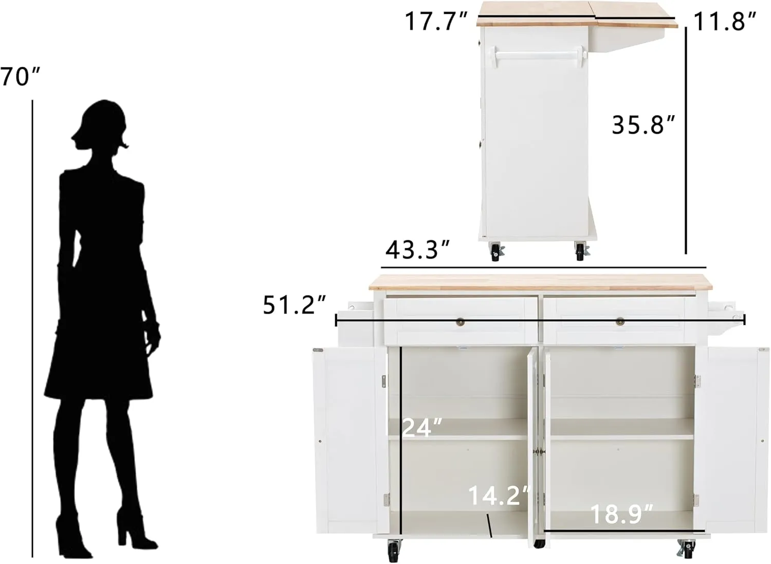 Rolling Kitchen Island with Drop Leaf - Kitchen Carts on Wheels with Storage, Towel Rack, Drawers Island Table for Kitchen, Dining Room, White