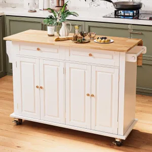 Rolling Kitchen Island with Drop Leaf - Kitchen Carts on Wheels with Storage, Towel Rack, Drawers Island Table for Kitchen, Dining Room, White
