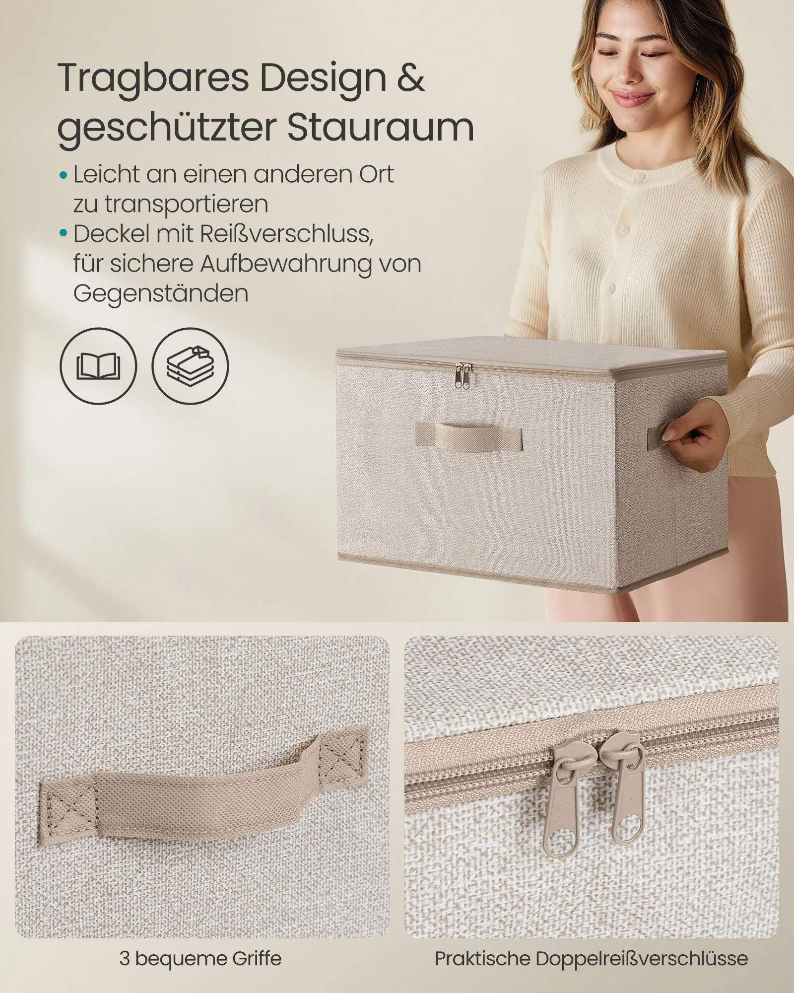 Rootz 3 Pack Storage Box Set - Sand Beige - Cardboard Organizer - Non-Woven Fabric - Lightweight - 40cm x 30cm x 25cm
