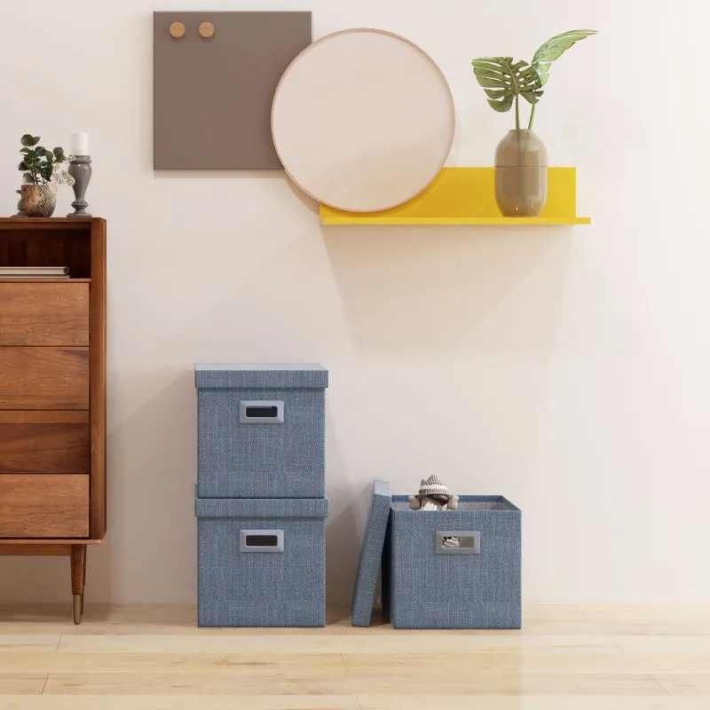 Rootz Storage Box Set - 3 Cubes - Collapsible Bins - Linen Look - Removable Lid - Side Handles - Space Saving - Blue - 30cm x 30cm x 29cm
