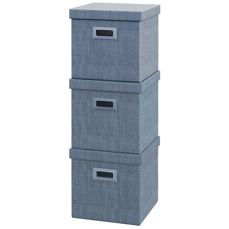 Rootz Storage Box Set - 3 Cubes - Collapsible Bins - Linen Look - Removable Lid - Side Handles - Space Saving - Blue - 30cm x 30cm x 29cm