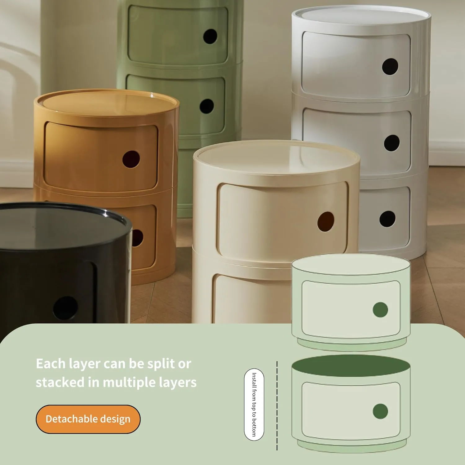 Round Nightstand with 3 Drawers, Modern Style Side Table, Multifunctional End Table Storage Cabinet for Living Room, Bedroom, Bathroom (Green)