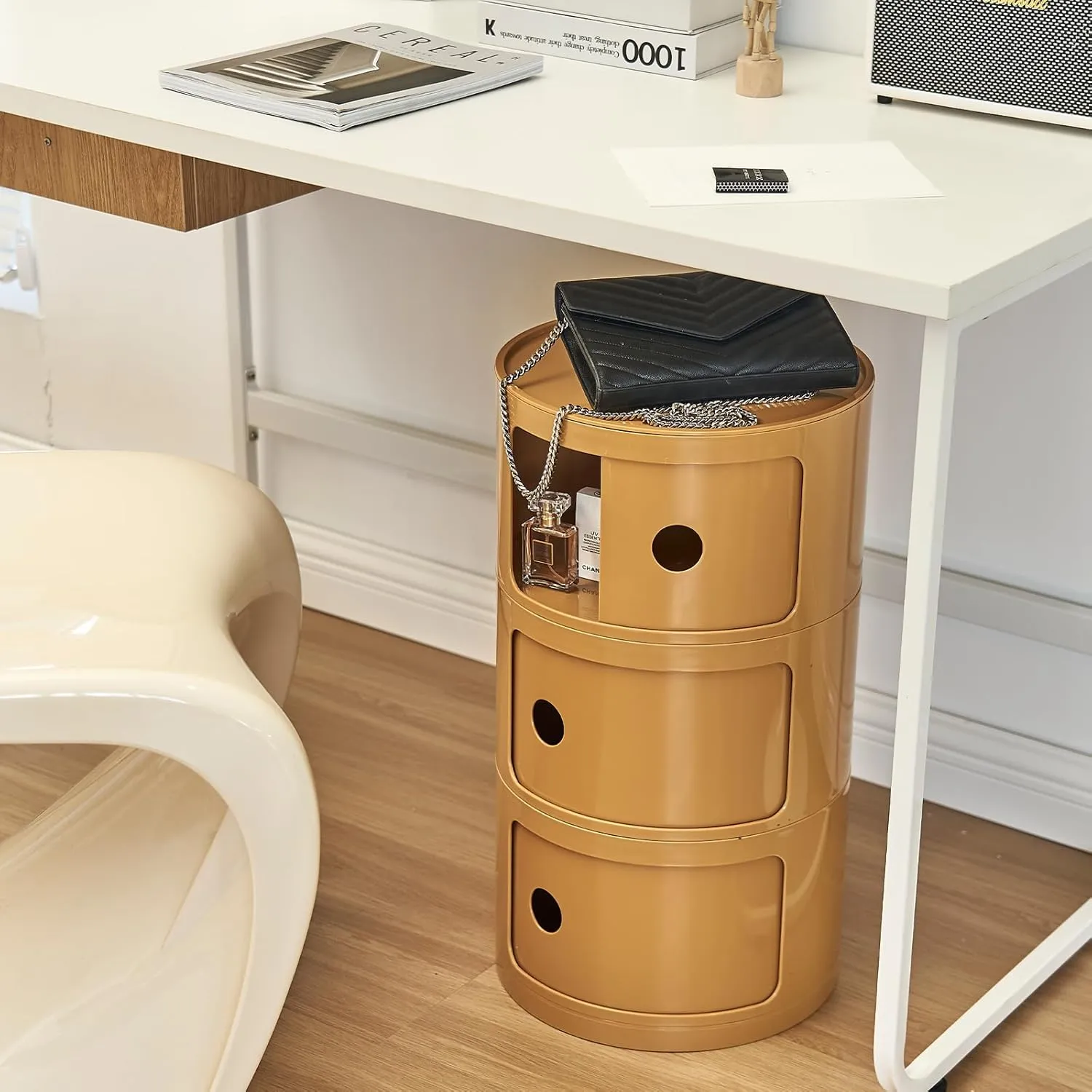 Round Nightstand with 3 Drawers, Modern Style Side Table, Multifunctional End Table Storage Cabinet for Living Room, Bedroom, Bathroom (Orange)