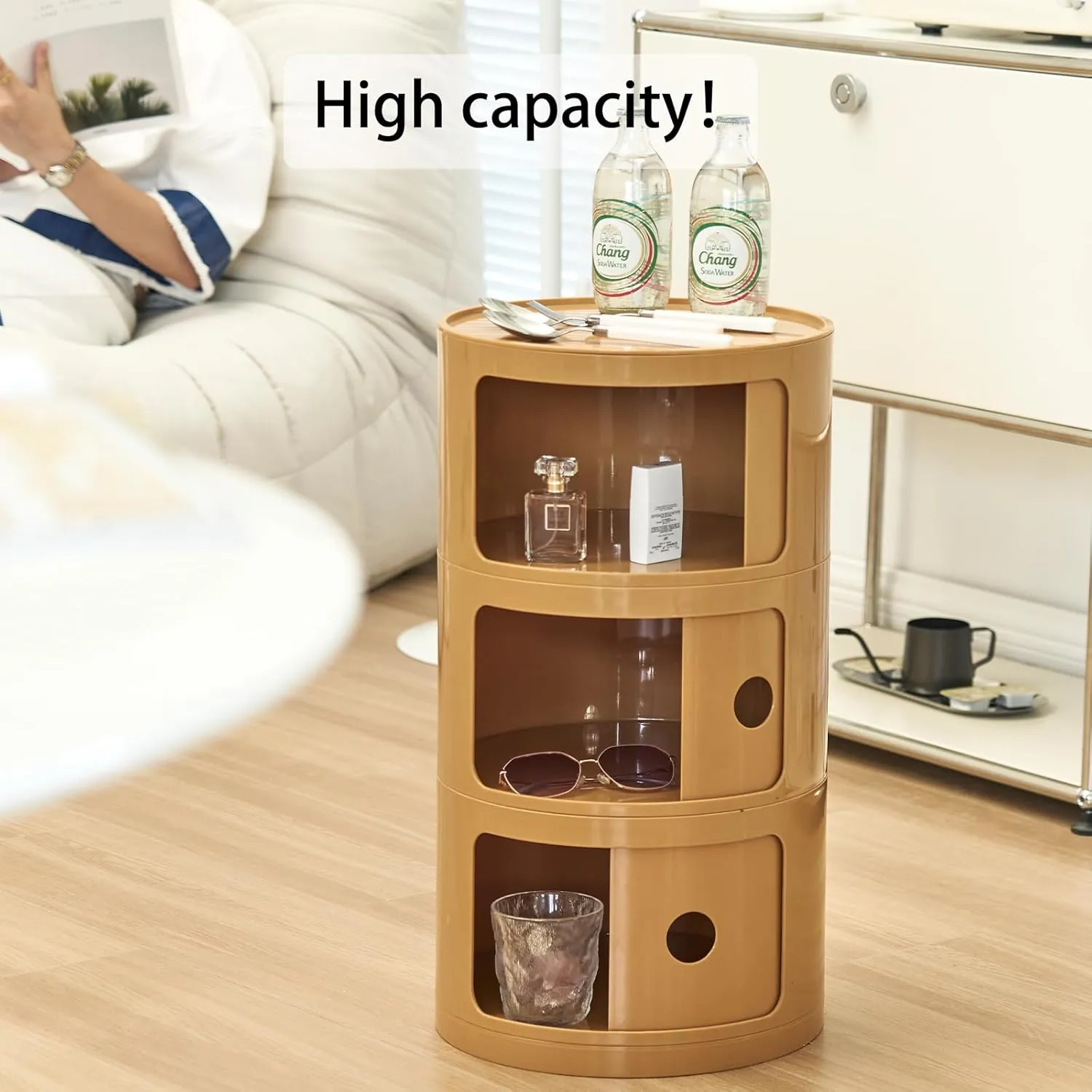 Round Nightstand with 3 Drawers, Modern Style Side Table, Multifunctional End Table Storage Cabinet for Living Room, Bedroom, Bathroom (Orange)