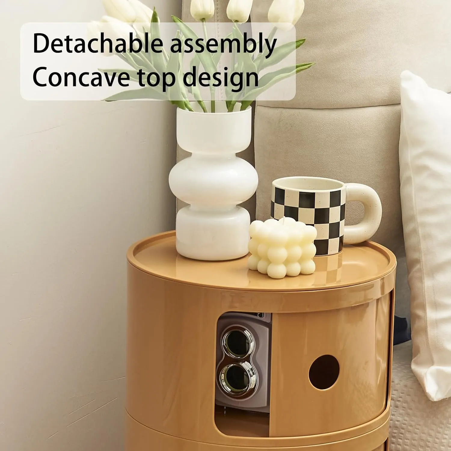 Round Nightstand with 3 Drawers, Modern Style Side Table, Multifunctional End Table Storage Cabinet for Living Room, Bedroom, Bathroom (Orange)