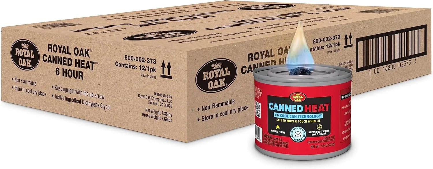 Royal Oak Canned Heat 12 Pack 6 Hour Fuel, Easy Open, Resealable, Non-Drip, For Food, Burners for Chafing Dishes, Buffet Burners, Parties, Weddings, BBQs
