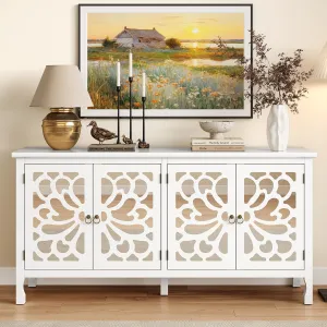 RoyalCraft Buffet Cabinet with Mirror Butterfly Carved Door, 63'' Sideboard Cabinet with Adjustable Shelves, Modern Accent Credenza Media Console for Entryway, Living Room, Kitchen, Satin White