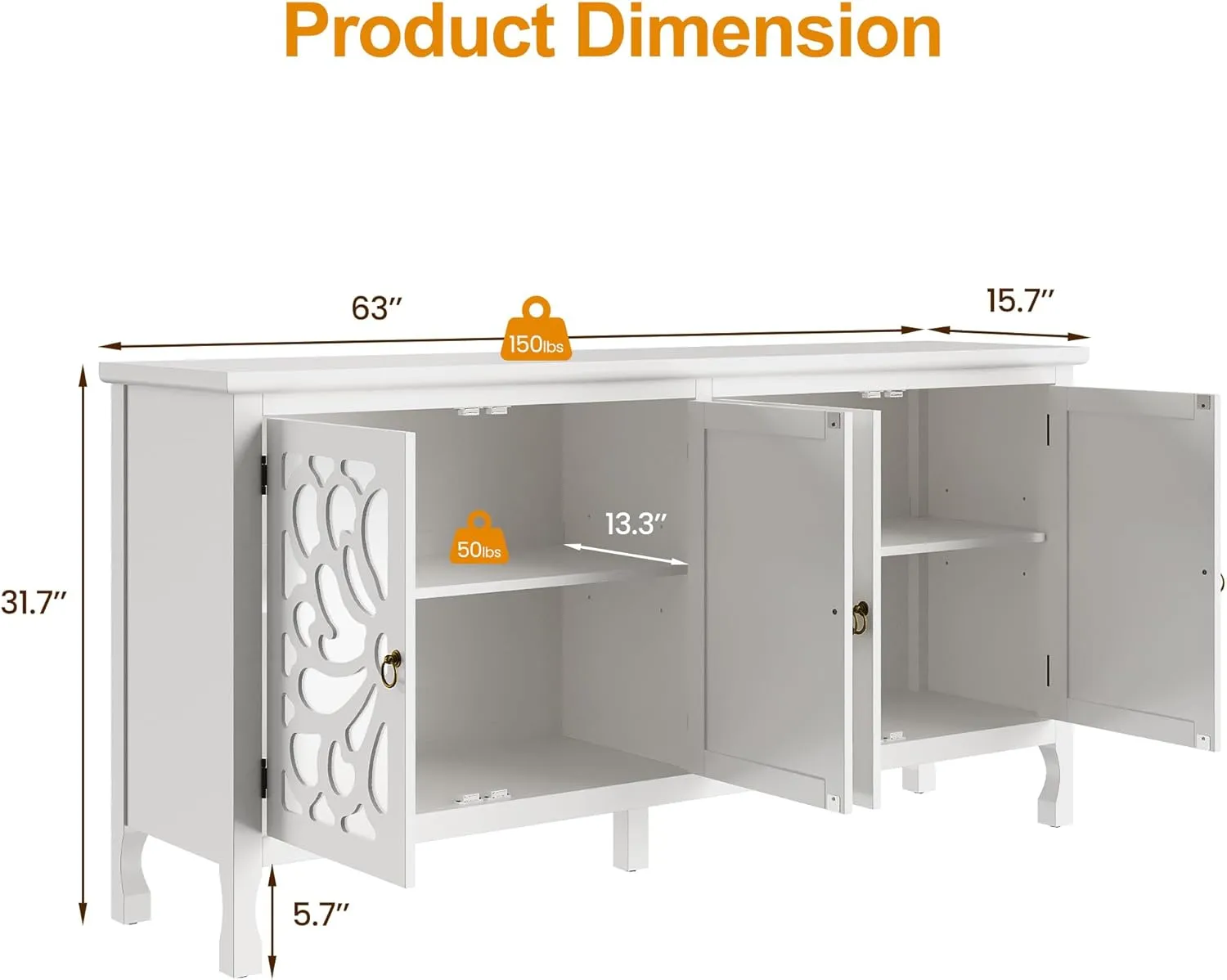 RoyalCraft Buffet Cabinet with Mirror Butterfly Carved Door, 63'' Sideboard Cabinet with Adjustable Shelves, Modern Accent Credenza Media Console for Entryway, Living Room, Kitchen, Satin White
