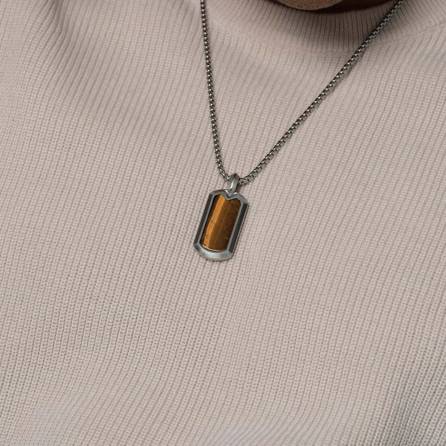 RTZN® Tiger Eye Necklace for Men – Premium Artisan Dog Tag Mens Tiger Eye Necklace Pendant with Stainless Steel Box Chain 22" Inch   2" Extension