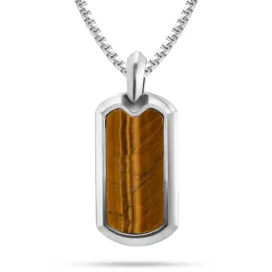 RTZN® Tiger Eye Necklace for Men – Premium Artisan Dog Tag Mens Tiger Eye Necklace Pendant with Stainless Steel Box Chain 22" Inch   2" Extension
