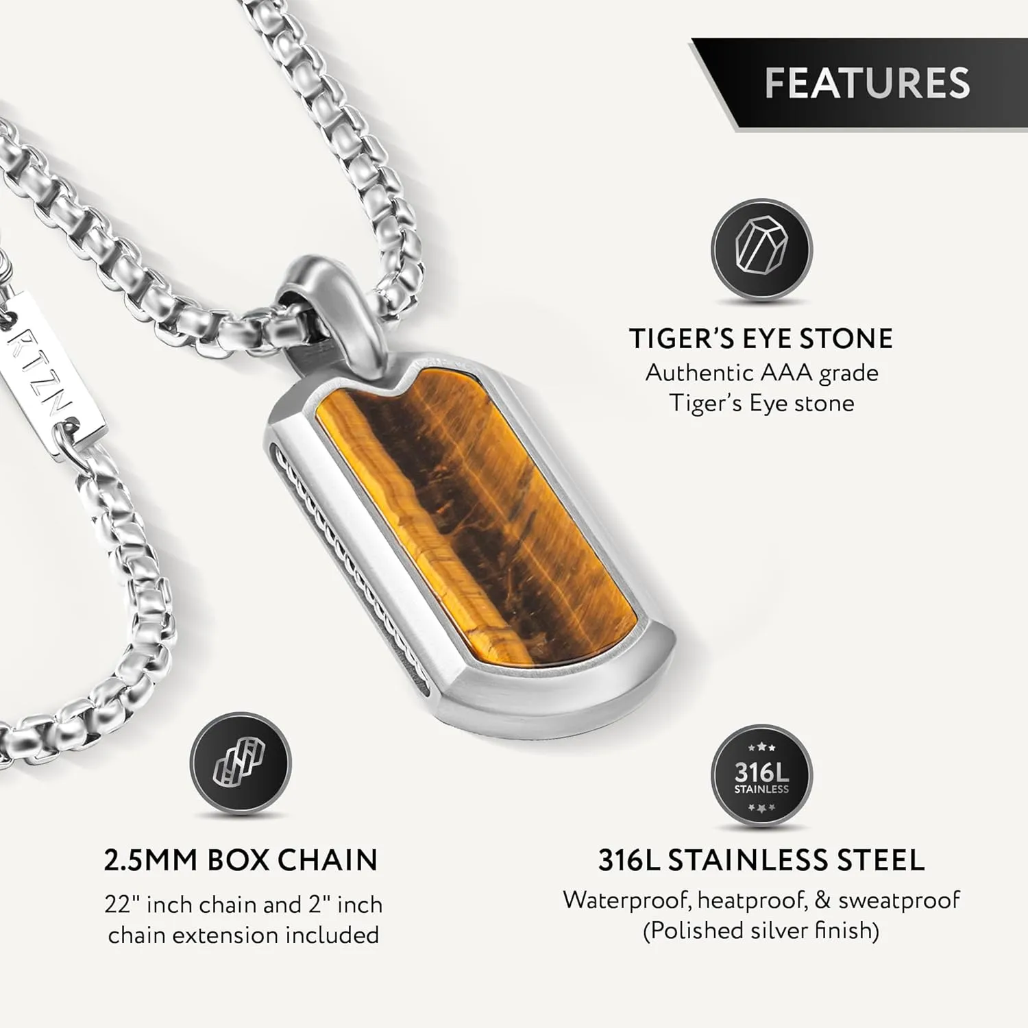 RTZN® Tiger Eye Necklace for Men – Premium Artisan Dog Tag Mens Tiger Eye Necklace Pendant with Stainless Steel Box Chain 22" Inch   2" Extension