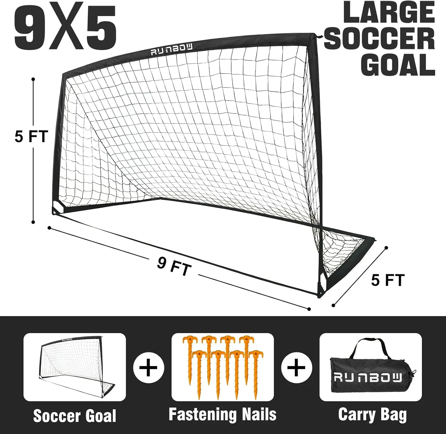 RUNBOW 9x5 ft Portable Kids Soccer Goal for Backyard Adult Junior Large Practice Soccer Net with Carry Bag