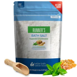 Runner's Bath Salt 128 Ounces (8 Lbs) Soothing Epsom Salt Bath Soaks with Natural Peppermint and Frankincense Essential Oils Plus Vitamin C in BPA Free Pouch with Easy Press Lock Seal Made in USA