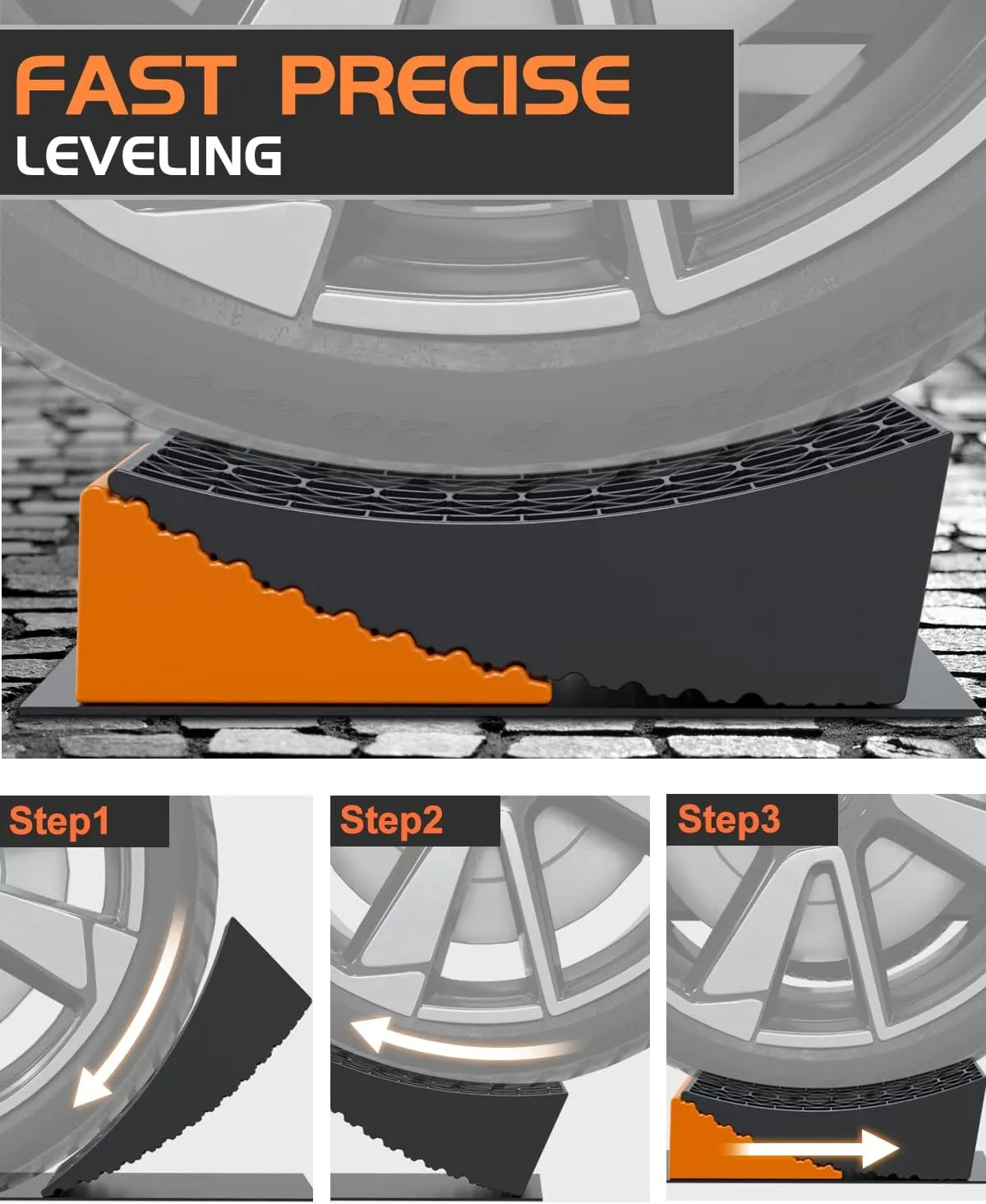 RV Leveling Blocks Ramp Kit, 2 Packs Camper Leveler System for Travel with Two Chocks, 2 Anti-Slip Mats, 1T Bubble Level and Carry Bag, Up to 35000 LBS, Easier & Faster to Level Camper-Orange