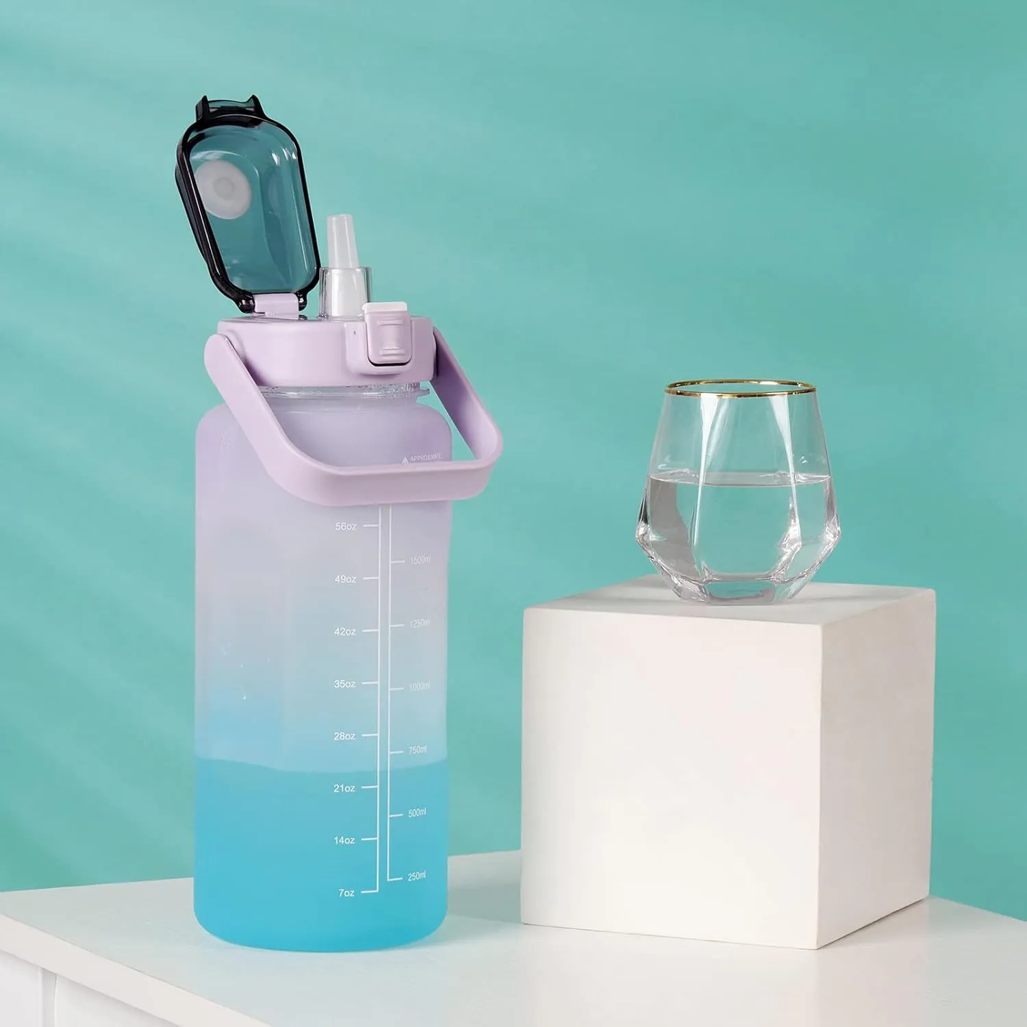 RYI Large Half Gallon 64 OZ Motivational Water Bottle with Straw Time Marker BPA Free for Sport and Fitness Purple Green