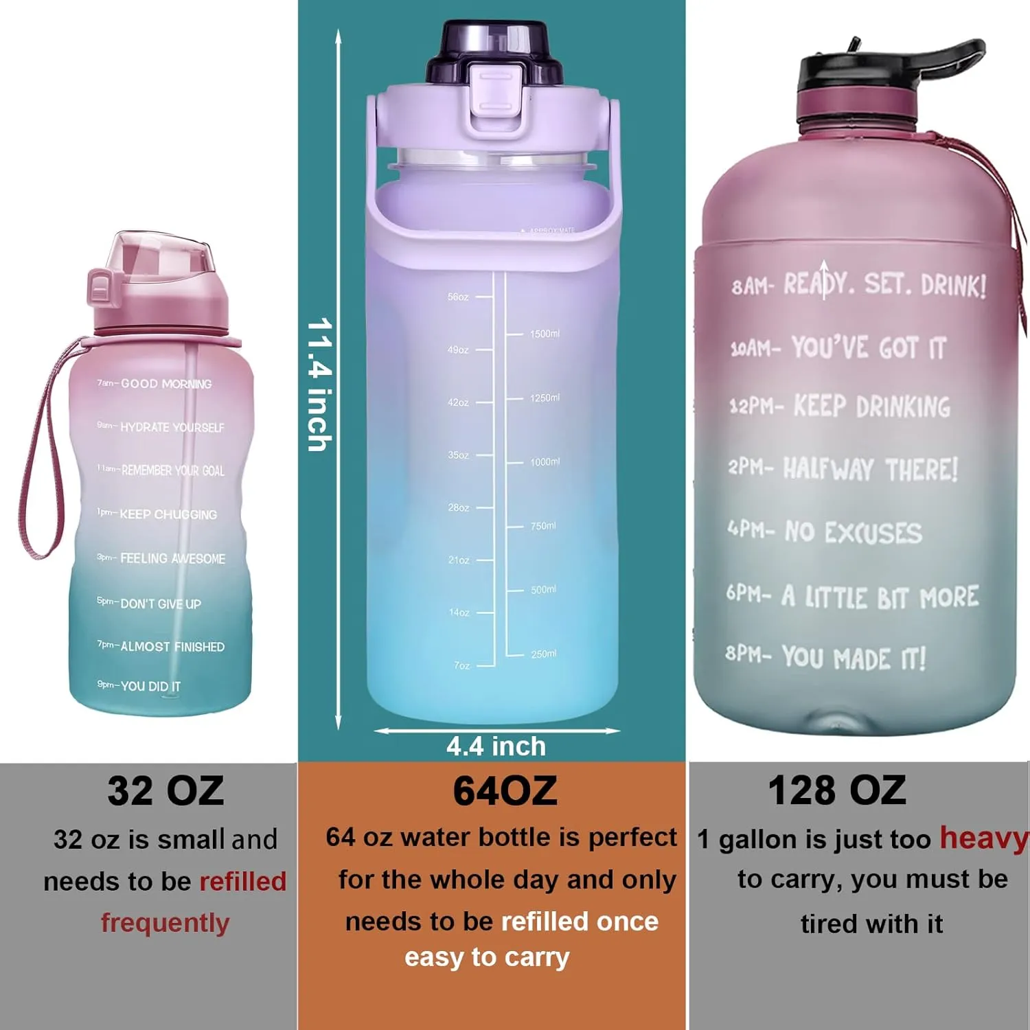 RYI Large Half Gallon 64 OZ Motivational Water Bottle with Straw Time Marker BPA Free for Sport and Fitness Purple Green