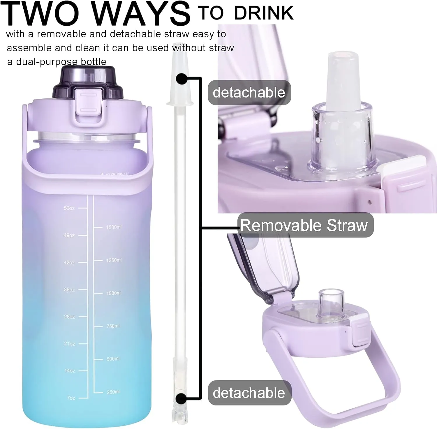 RYI Large Half Gallon 64 OZ Motivational Water Bottle with Straw Time Marker BPA Free for Sport and Fitness Purple Green