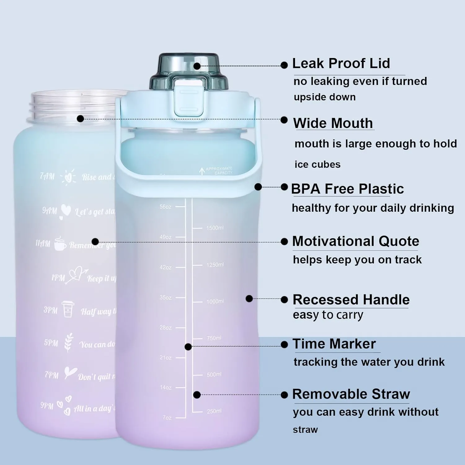 RYI Large Half Gallon 64 OZ Motivational Water Bottle with Straw Time Marker BPA Free for Sport and Fitness Purple Green