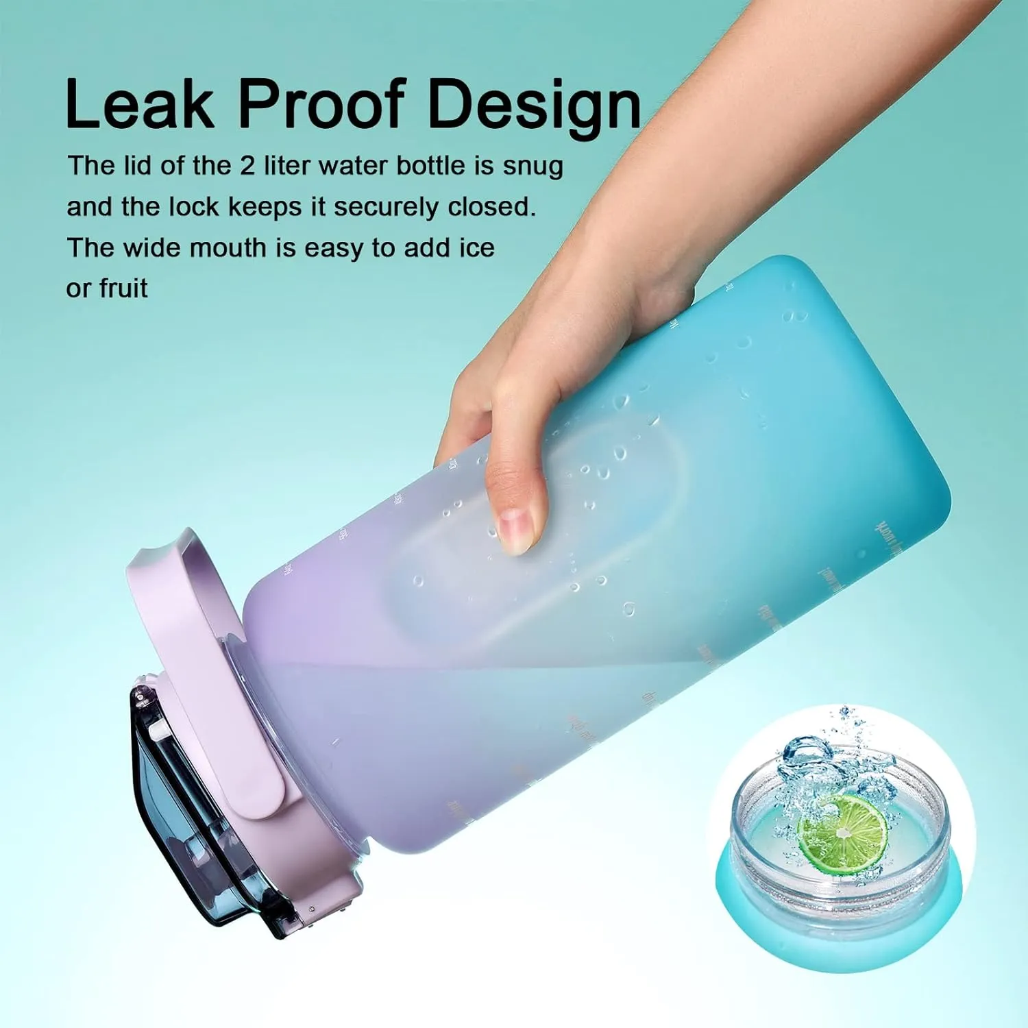 RYI Large Half Gallon 64 OZ Motivational Water Bottle with Straw Time Marker BPA Free for Sport and Fitness Purple Green