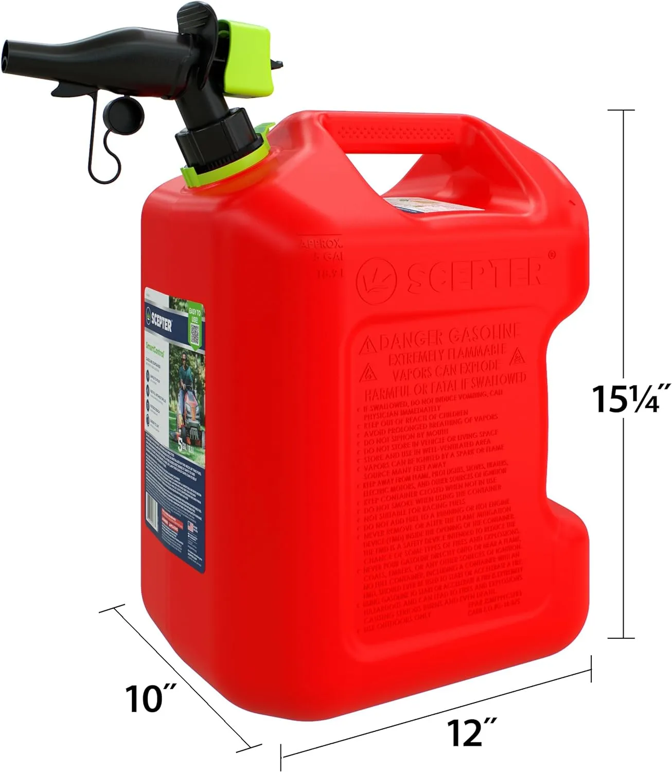 Scepter FSCG552 Fuel Container with Spill Proof SmartControl Spout with Bonus Spout Extender, Rear Handle Red Gas Can, 5 Gallon