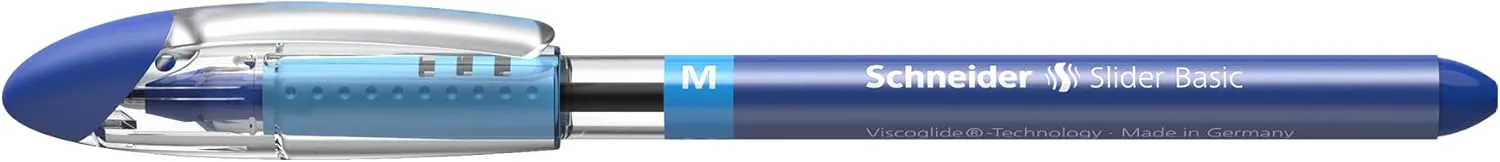 Schneider Slider Basic M (Medium) Ballpoint Pen, 1.0 mm, Transparent Barrel, Blue Ink, Box of 10 Pens (151103)