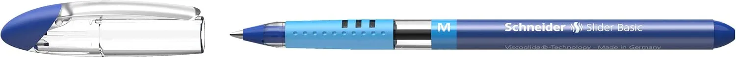Schneider Slider Basic M (Medium) Ballpoint Pen, 1.0 mm, Transparent Barrel, Blue Ink, Box of 10 Pens (151103)