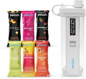Selah Flavored Water Bottle - Water Enhancer, Sugar Free, Vitamin Infused Water - 20oz Water Bottle With Flavor Pods Included - Energy Drink, Strawberry, and Sports Drink Pods (White, 6 Flavor Pod)