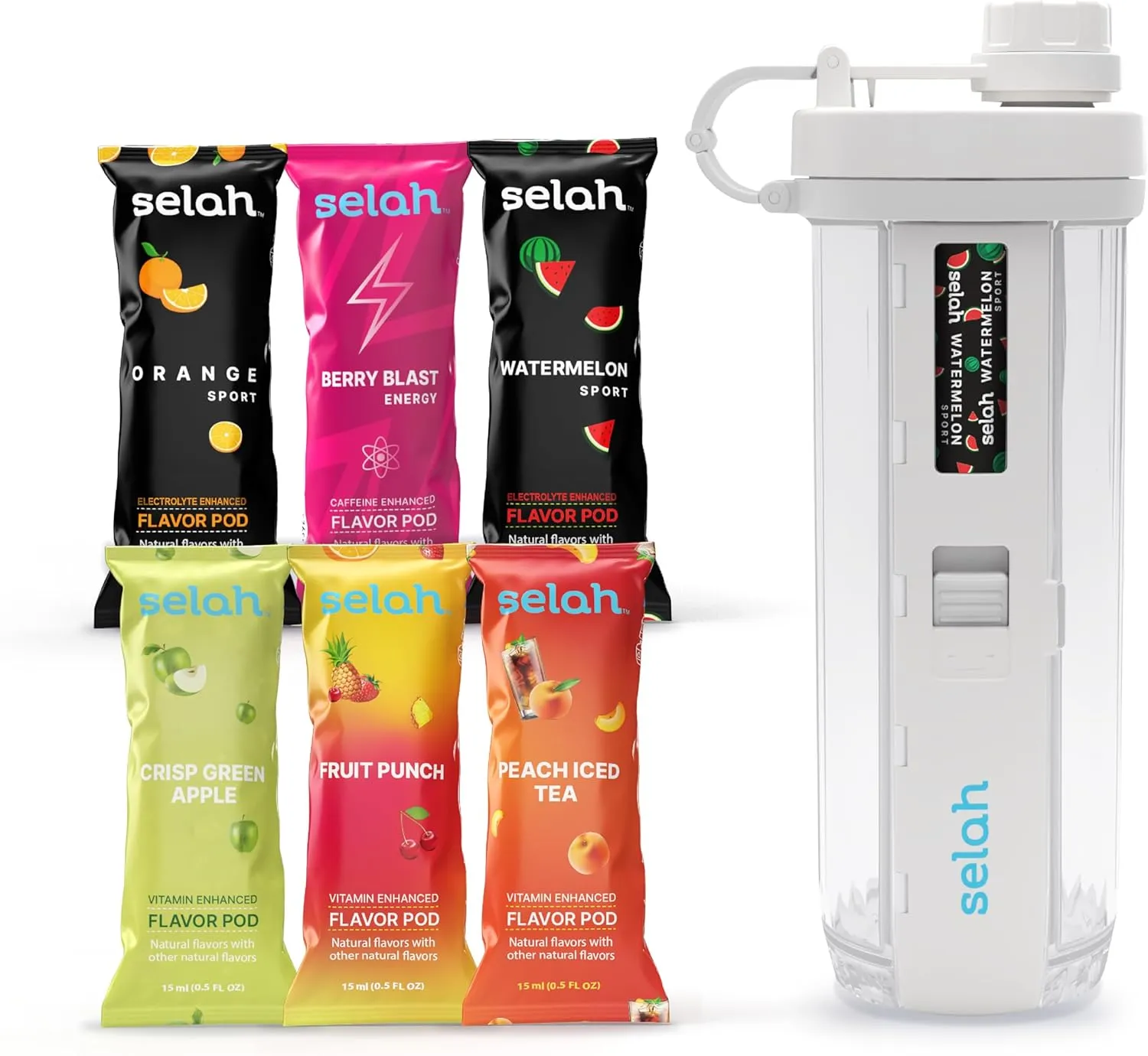 Selah Flavored Water Bottle - Water Enhancer, Sugar Free, Vitamin Infused Water - 20oz Water Bottle With Flavor Pods Included - Energy Drink, Strawberry, and Sports Drink Pods (White, 6 Flavor Pod)