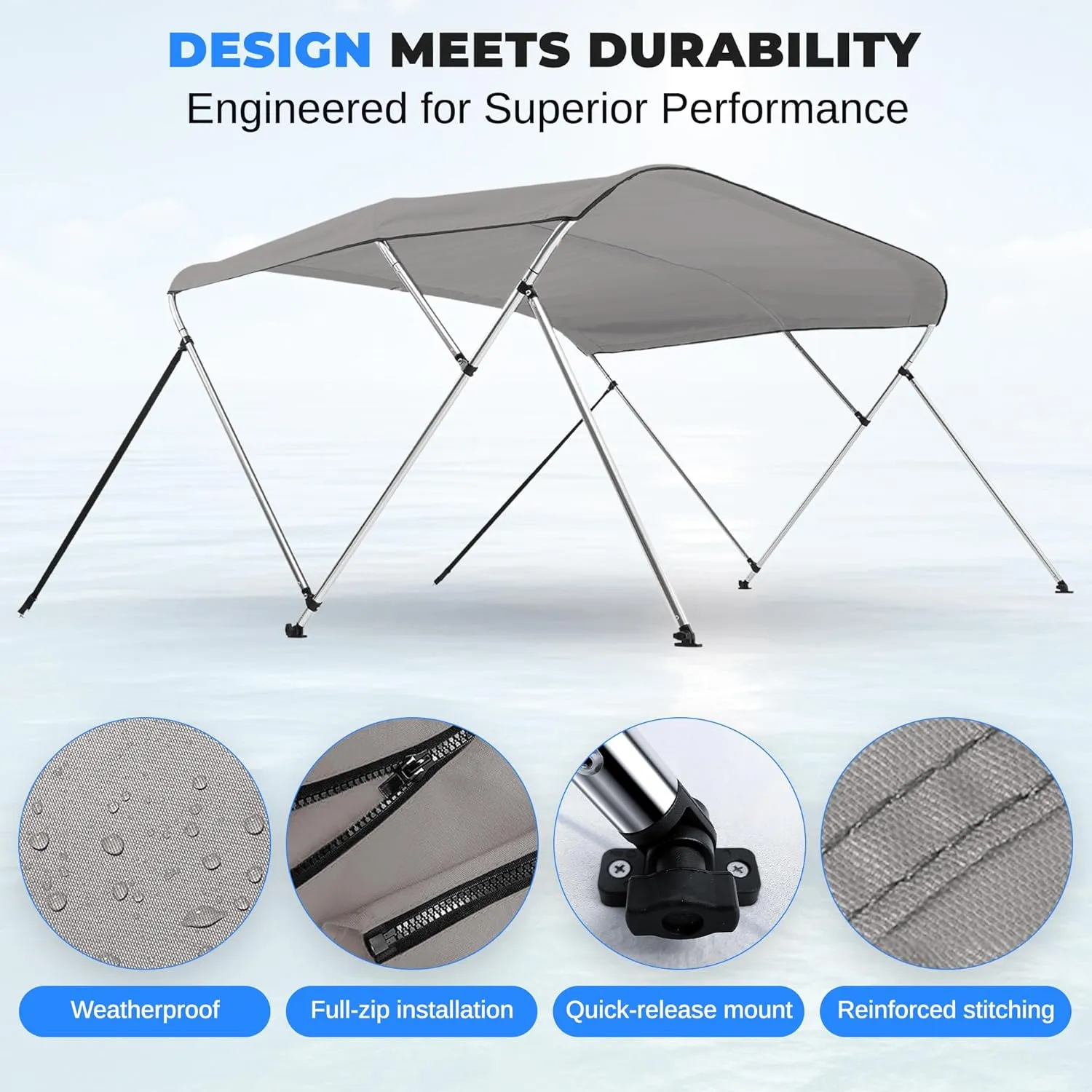 SereneLifeHome Waterproof Boat Bimini Top Cover - 61-66" W 4 Bow Bimini Top Canvas Sun Shade Boat Canopy 1" Double Wall Alu Frame Tube, 2 Straps 2 Rear Support Poles, Storage Boot -SLBT4GR618.5 (Gray)