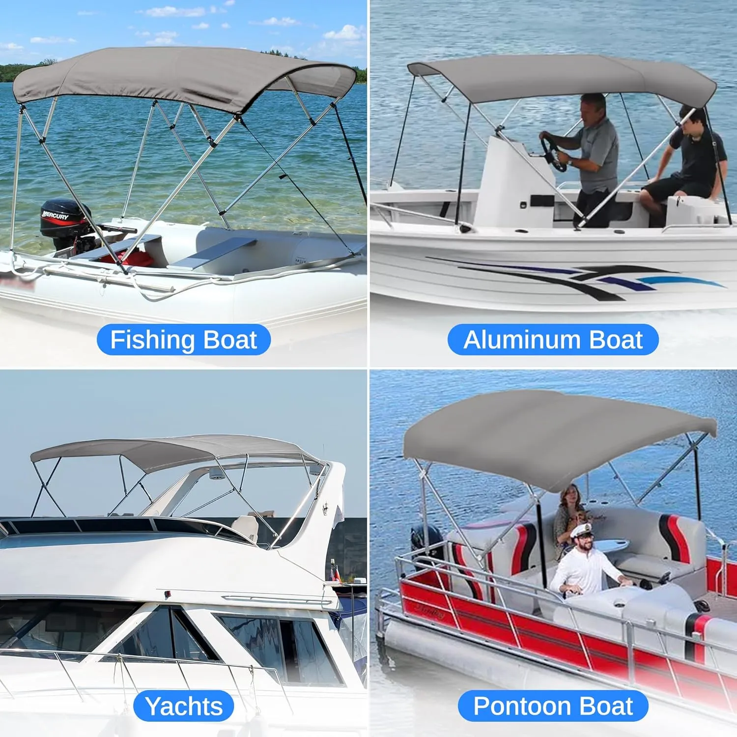 SereneLifeHome Waterproof Boat Bimini Top Cover - 61-66" W 4 Bow Bimini Top Canvas Sun Shade Boat Canopy 1" Double Wall Alu Frame Tube, 2 Straps 2 Rear Support Poles, Storage Boot -SLBT4GR618.5 (Gray)