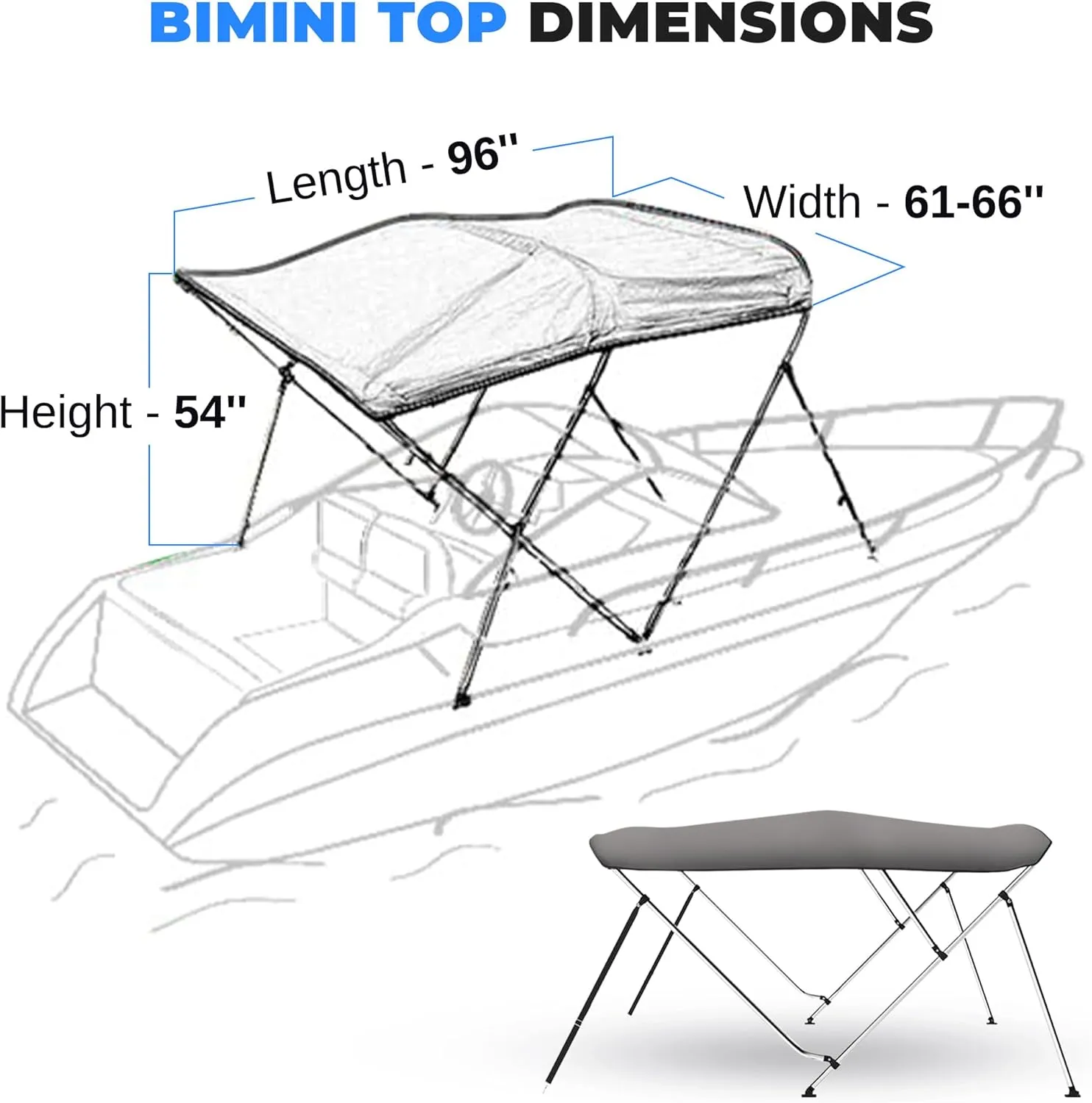 SereneLifeHome Waterproof Boat Bimini Top Cover - 61-66" W 4 Bow Bimini Top Canvas Sun Shade Boat Canopy 1" Double Wall Alu Frame Tube, 2 Straps 2 Rear Support Poles, Storage Boot -SLBT4GR618.5 (Gray)