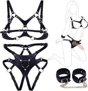 Sex Bondage BDSM Kits Restraints Set Sex Toys, Mikilnqilo Adjustable Breast Harness Sexy Lingerie Strap on Waist with Handcuffs Ankle Thigh Cuffs Sex Things for Couple Kinky Gay Adult SM Games