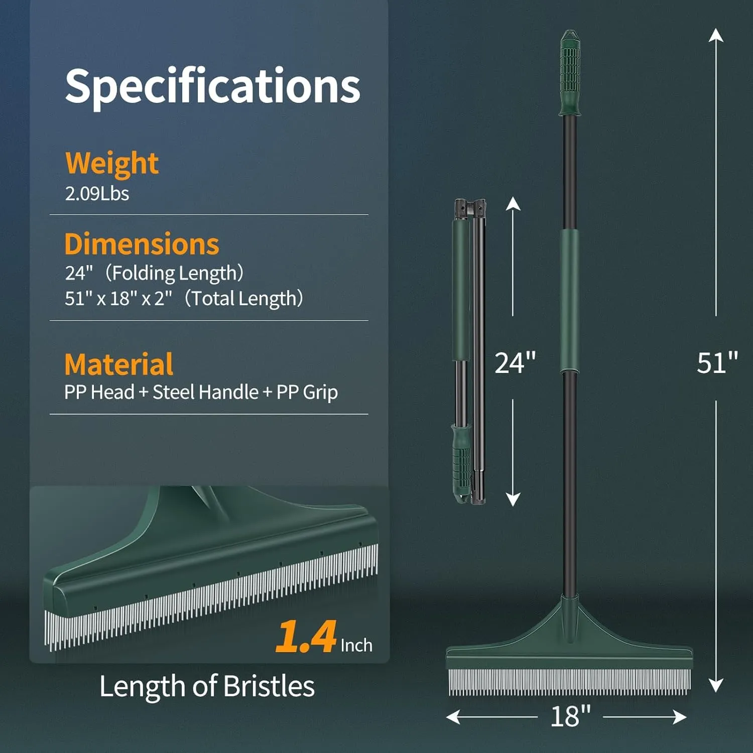 SHANTRA Artificial Grass Turf Rake with Foldable Lightweight Steel Handle, 51" Folding Turf Brush for Carpet Cleaner with Ergonomic Design, Suitable for Pet Hair Removal, Black Handle and Green Head