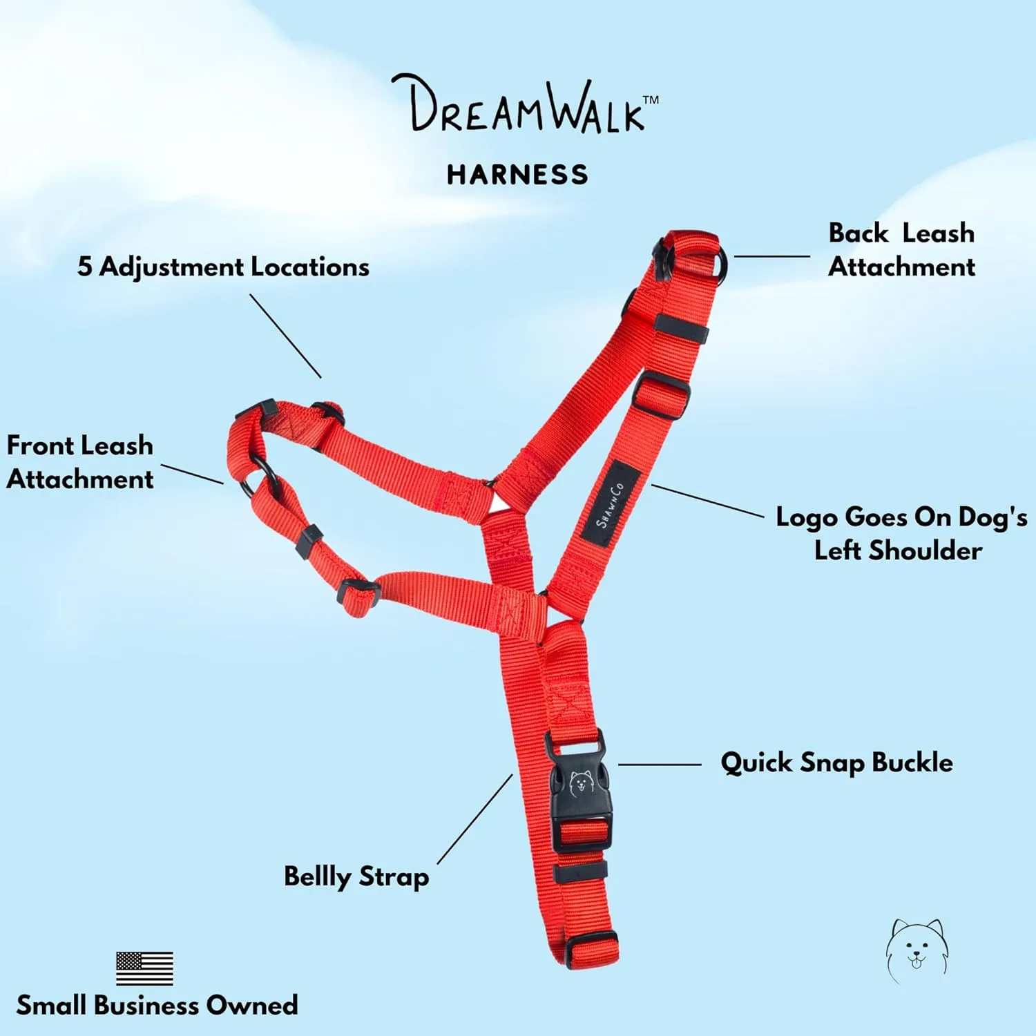 ShawnCo Dream Walk No-Pull Dog Harness- Adjustable, Comfortable, Easy to Use Pet Halter to Help Stop Pulling for Small, Medium and Large Dogs (Mustang Red, M)